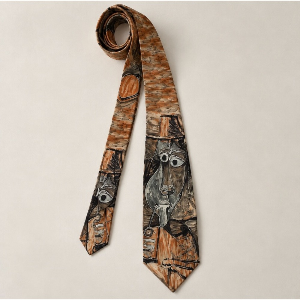 Picasso Collection Silk Tie Smoker 1969 Abstract Art Brown Necktie Novelty MCM
